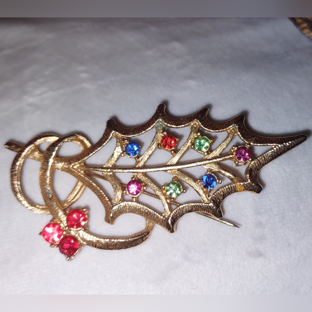 Holiday Season Jeweled Leaf Brooch
